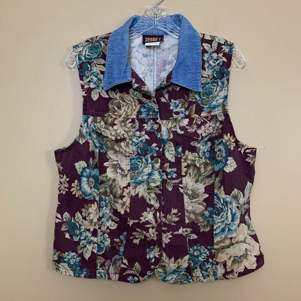 VTG Faded Glory Womens Large Burgundy Floral Denim Grunge 90s USA Nostalgia Top